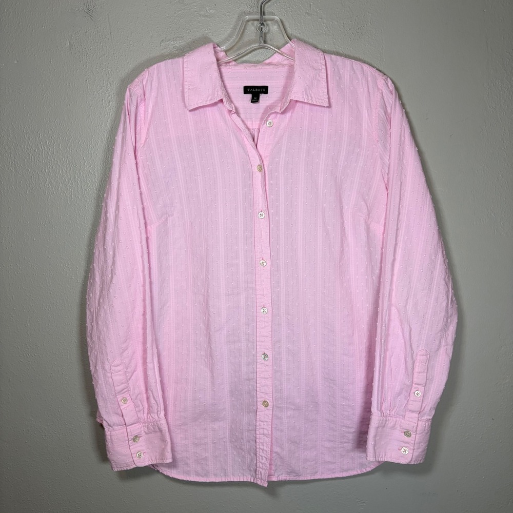Talbots Womens Pink Textured Clip Dot Cotton Button Down Shirt Size M